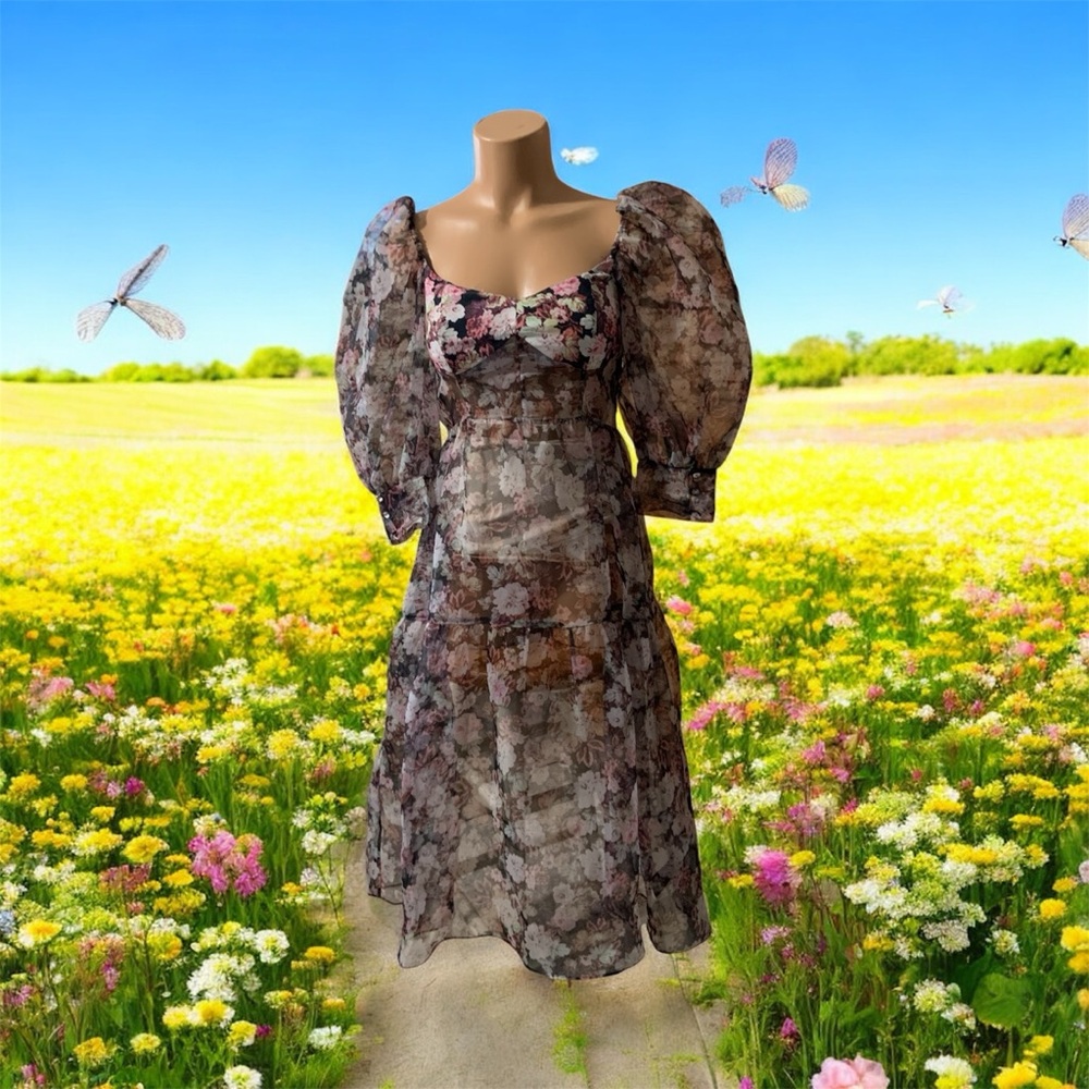 For Love & Lemons Floral Chiffon Dress with Puff Sleeves Faye size small